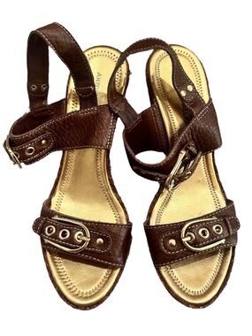 Brown Leather Buckle Sandals for Women Antonio Melanie Wedges 9.5